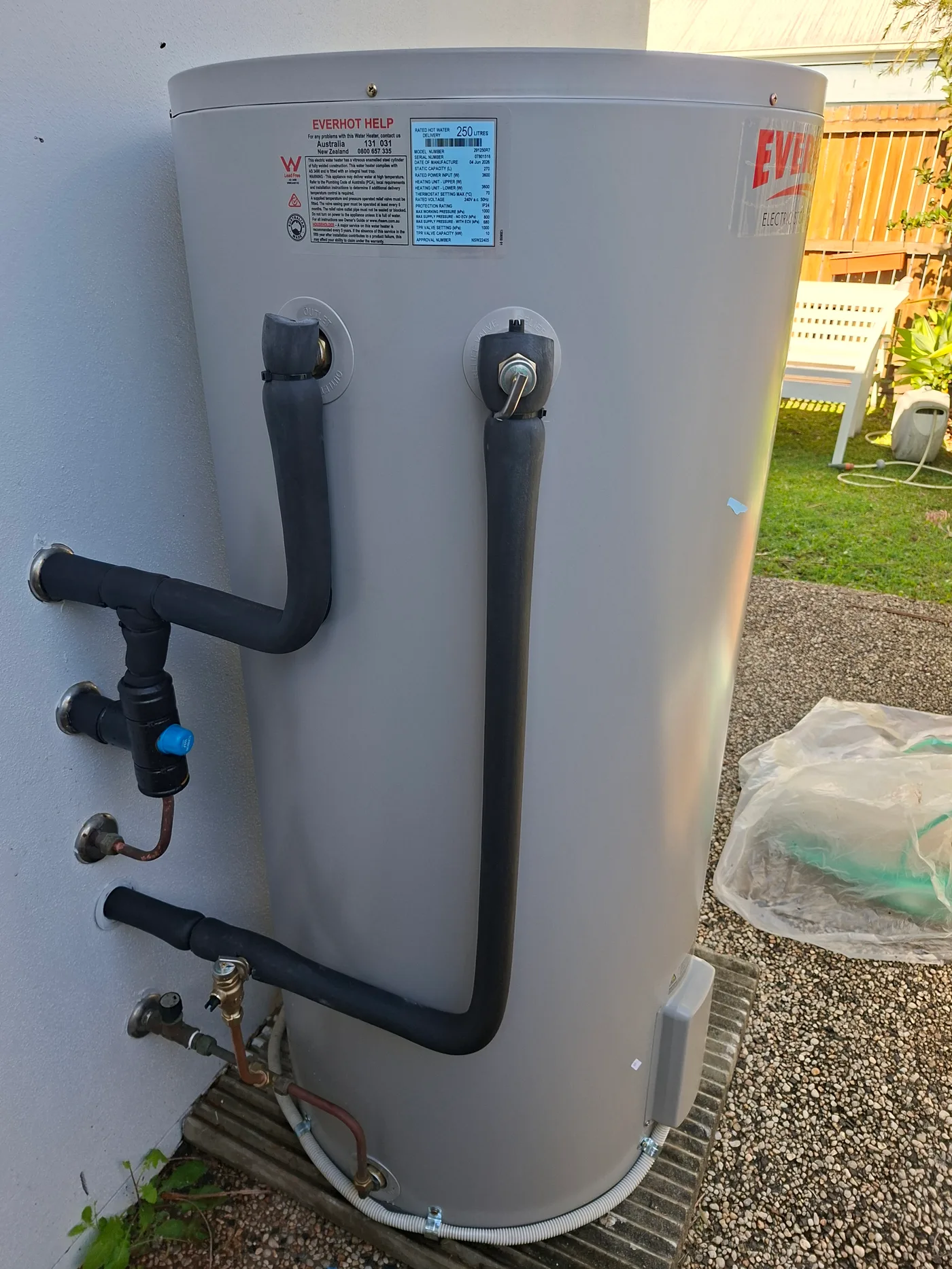 An Everhot 250 litre electric storage tank installed by RCM, with lagged flow and return pipework