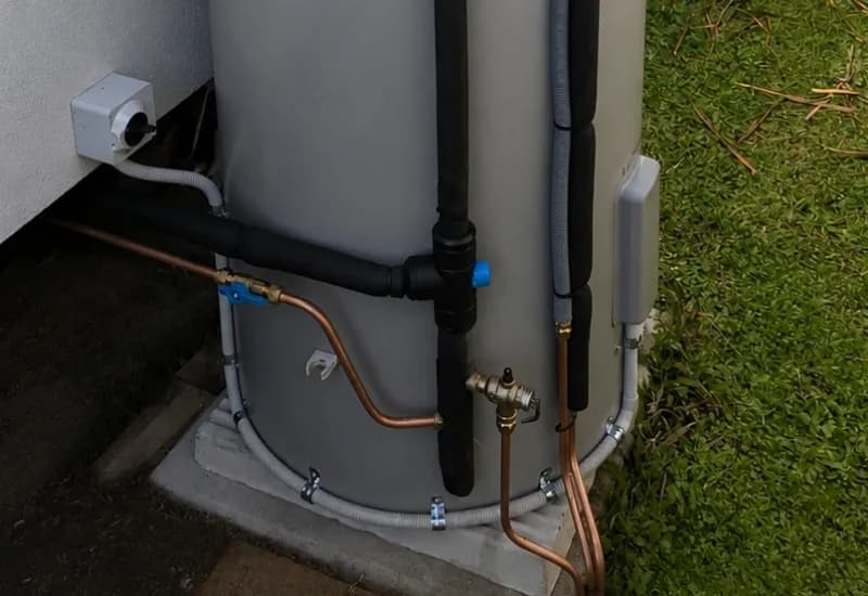 Lagged flow and return pipework, isolation valve and condensate line at the base of a heat pump installed by RCM