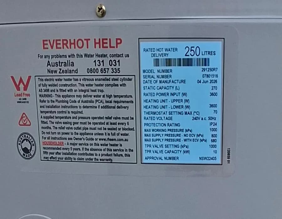 A hot water system data plate, the photograph RCM asks customers to send with an enquiry