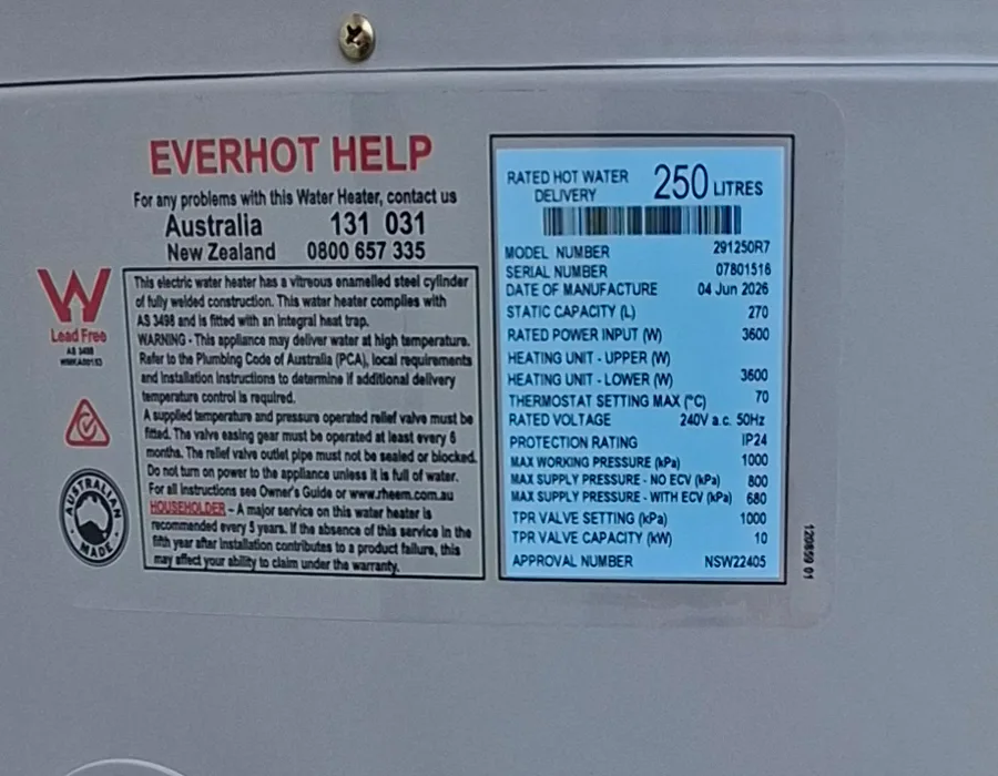 The data plate on an Everhot 250 litre storage tank, showing model, serial number, capacity and element ratings